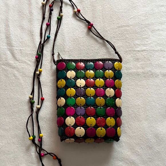 Bohemian Woven Crossbody Cocnut Shells/Beads Mini-Bag/Purse - Picture 2 of 6